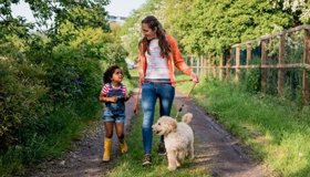 Woman And Child Walking Dog In The Countryside Landscape