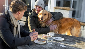Two Men Talking At A Cafe With A Dog Landscape
